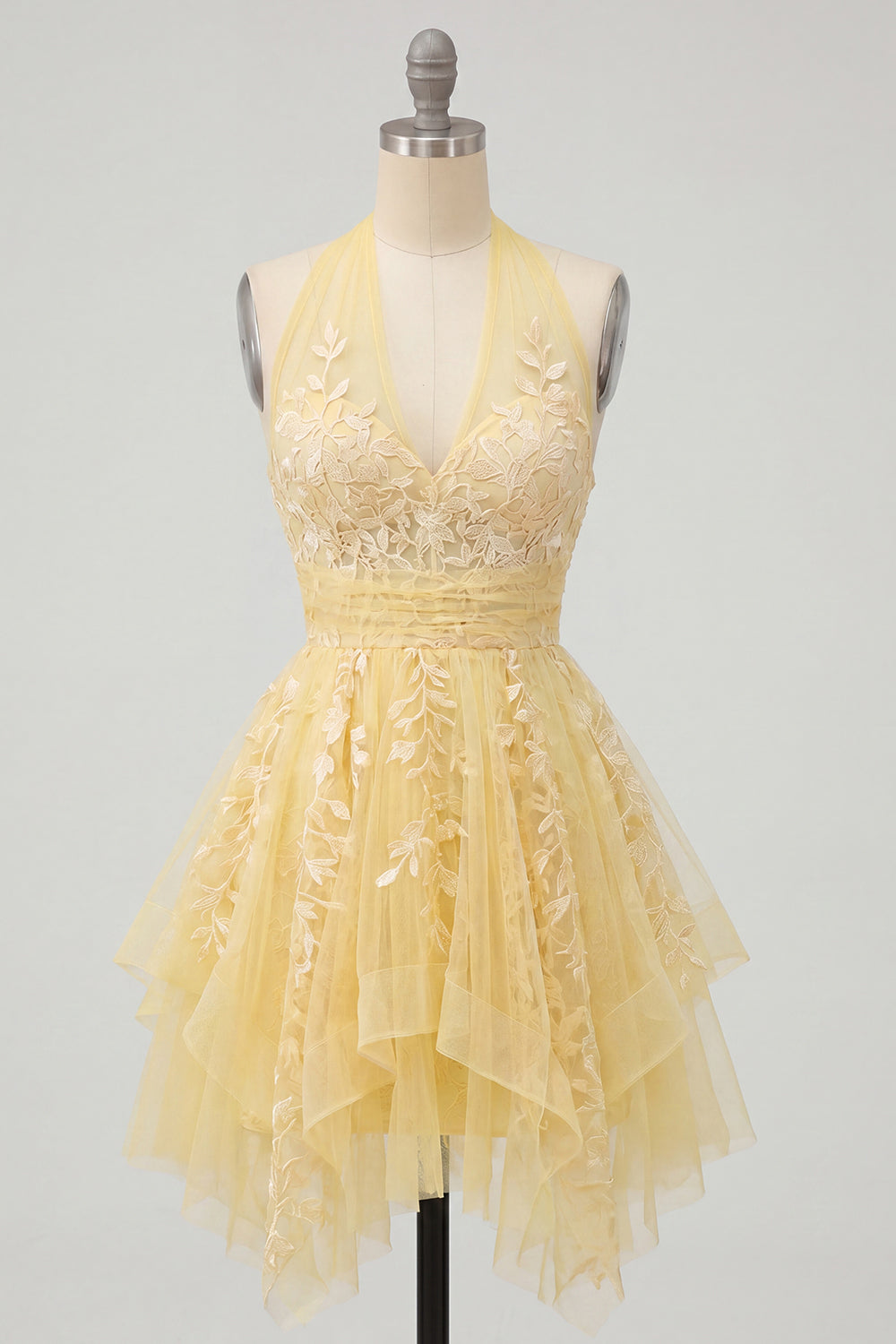 Butter Yellow Floral Lace Halter Ruffled A Line Short Homecoming Dress