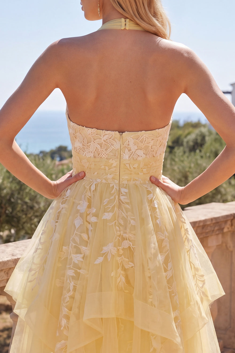 Butter Yellow Floral Lace Halter Ruffled A Line Short Homecoming Dress
