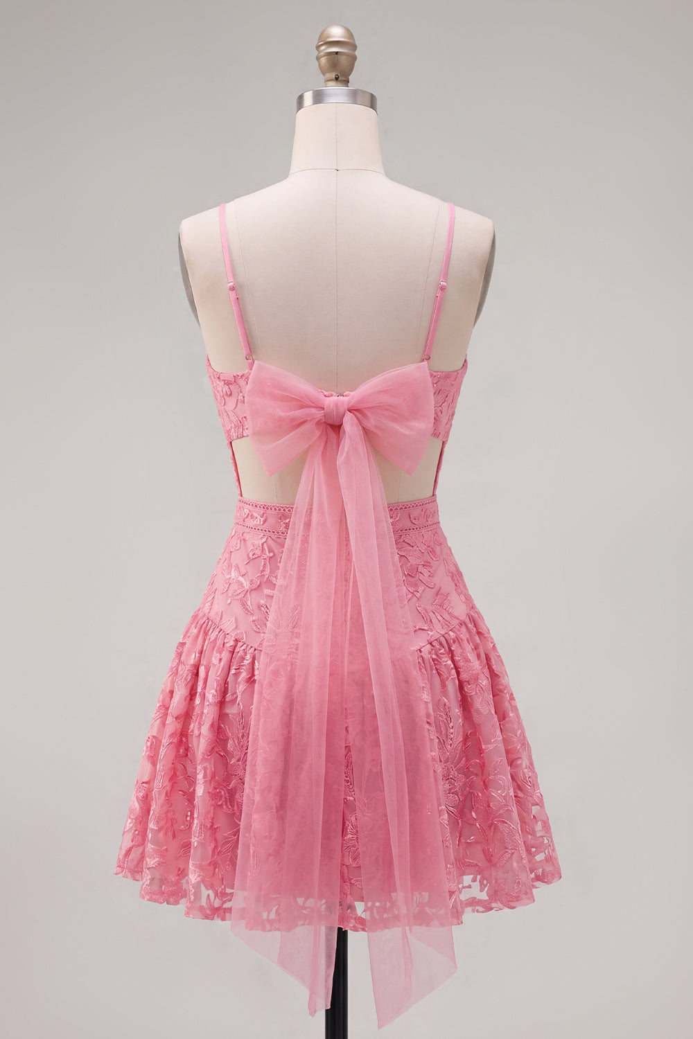 Hot Pink Lace Sequin Spaghetti Straps A Line Short Homecoming Dress with Bow