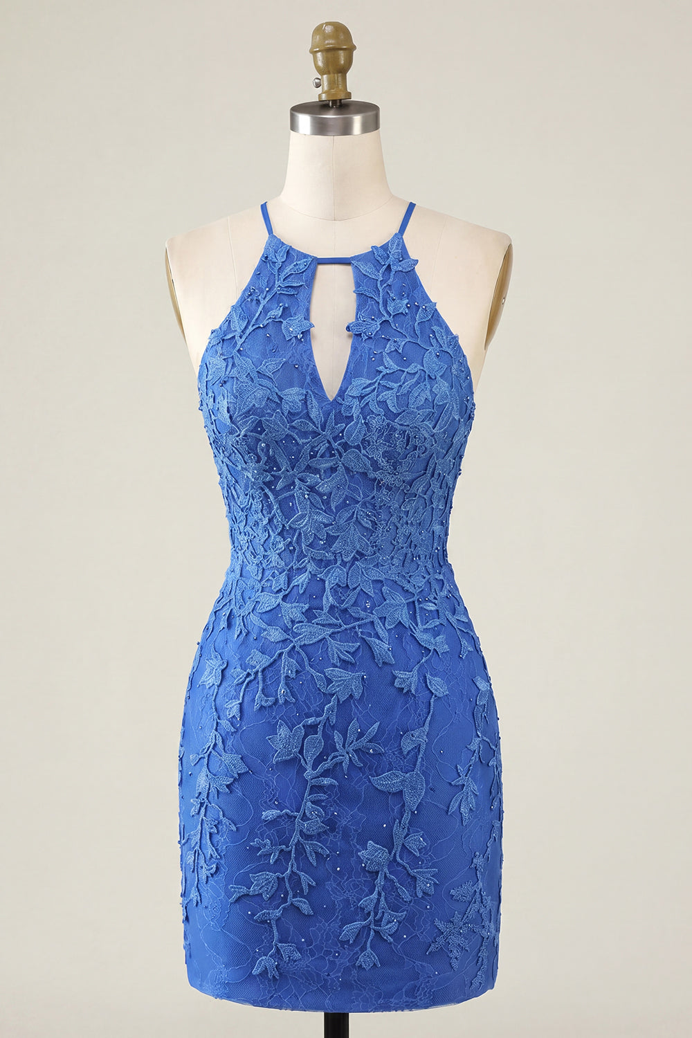 Sparkly Royal Blue Lace Appliqued Beaded Halter Short Tight Homecoming Dress