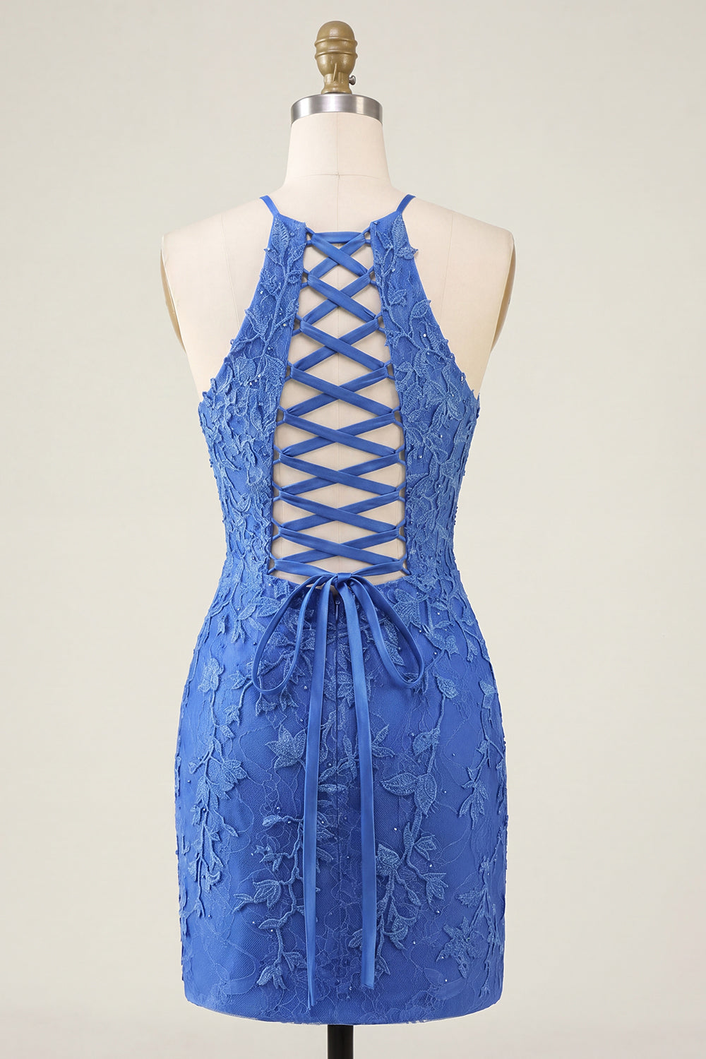 Sparkly Royal Blue Lace Appliqued Beaded Halter Short Tight Homecoming Dress
