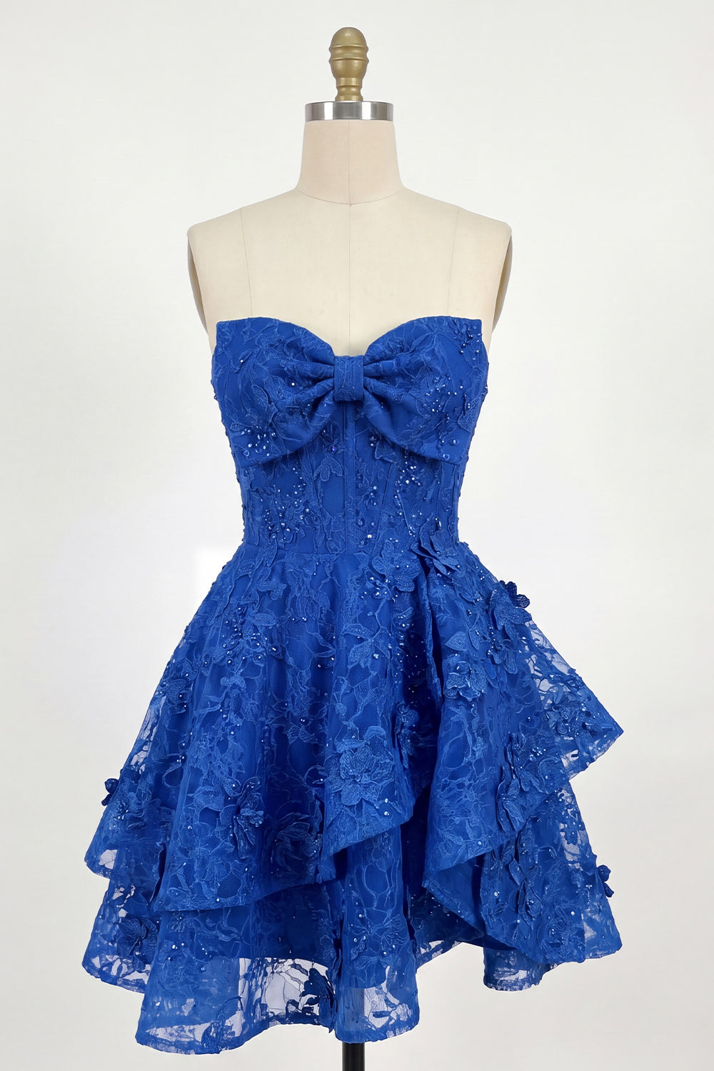 Sparkly Royal Blue Lace Beaded Floral Ruffled A Line Short Corset Homecoming Dress with Bow