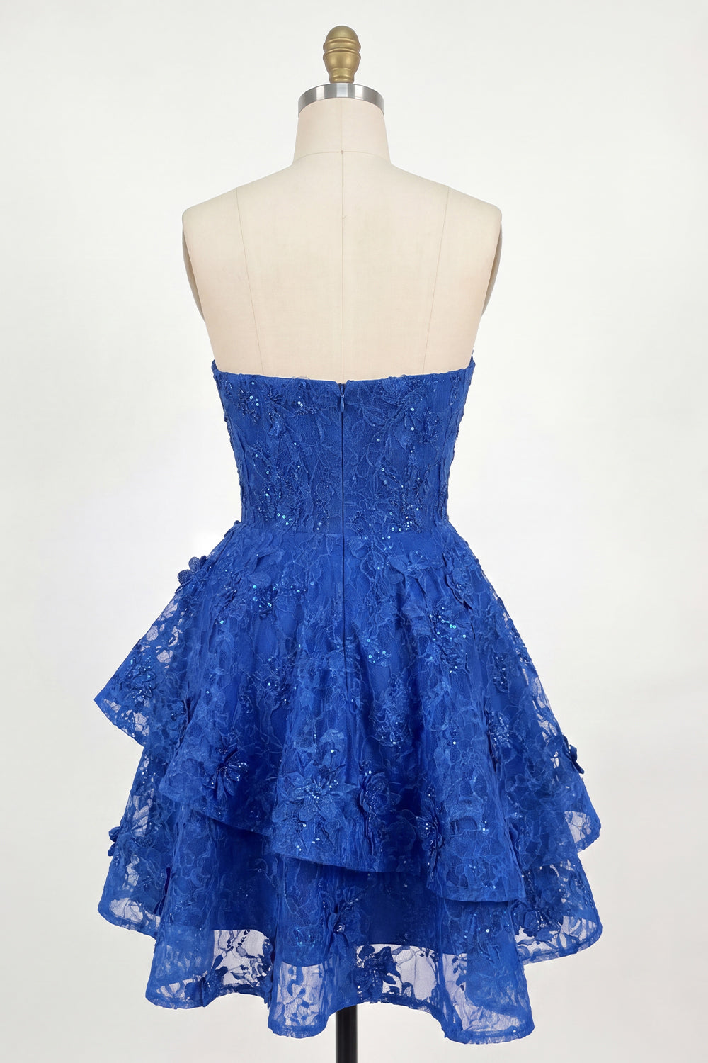 Sparkly Royal Blue Lace Beaded Floral Ruffled A Line Short Corset Homecoming Dress with Bow