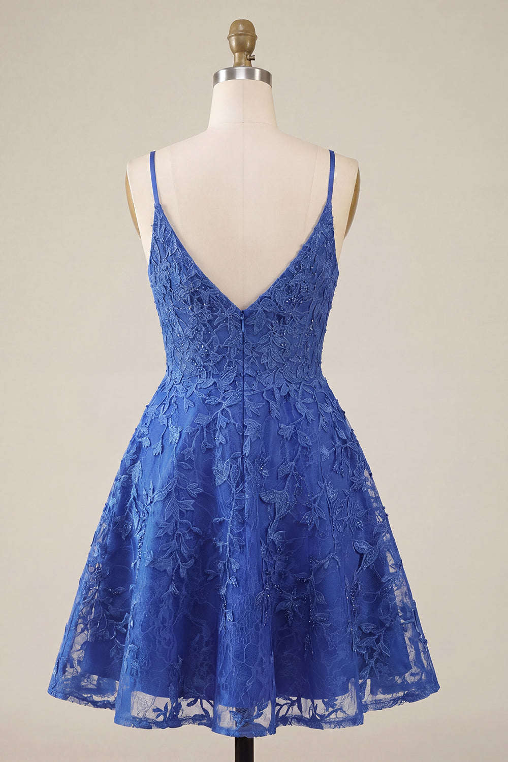 Sparkly Royal Blue Lace Appliqued Beaded V-Neck A Line Short Homecoming Dress
