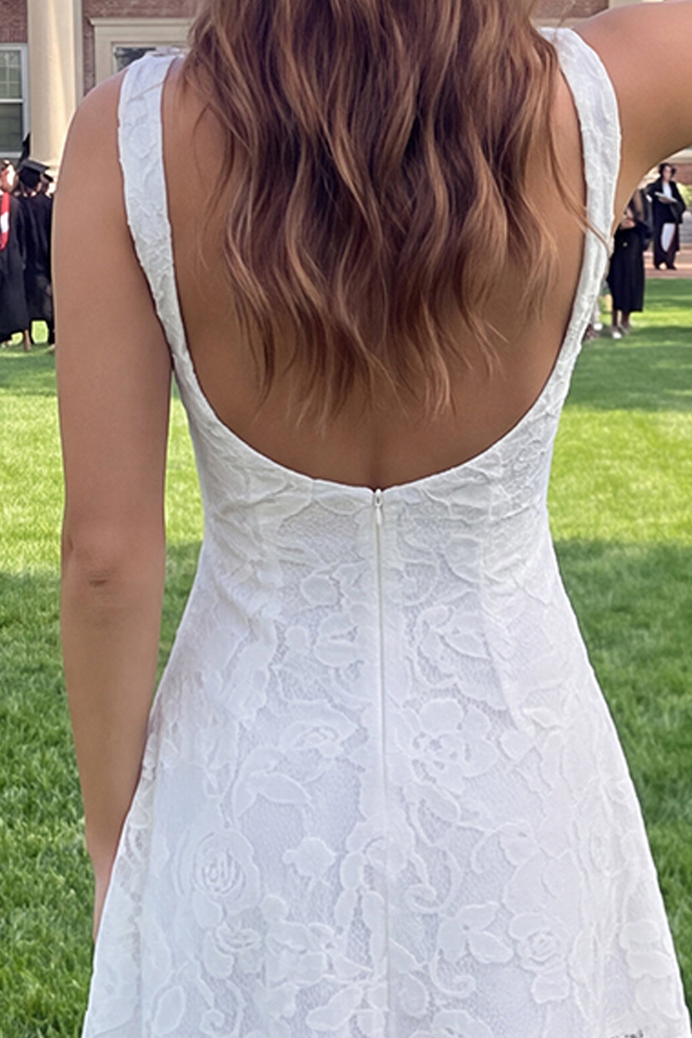 Boat Neck Floral Lace Short Ivory A Line Graduation Dress