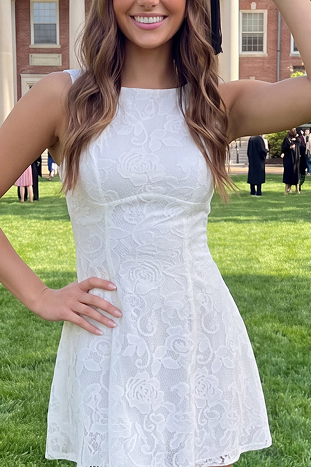 Boat Neck Floral Lace Short Ivory A Line Graduation Dress