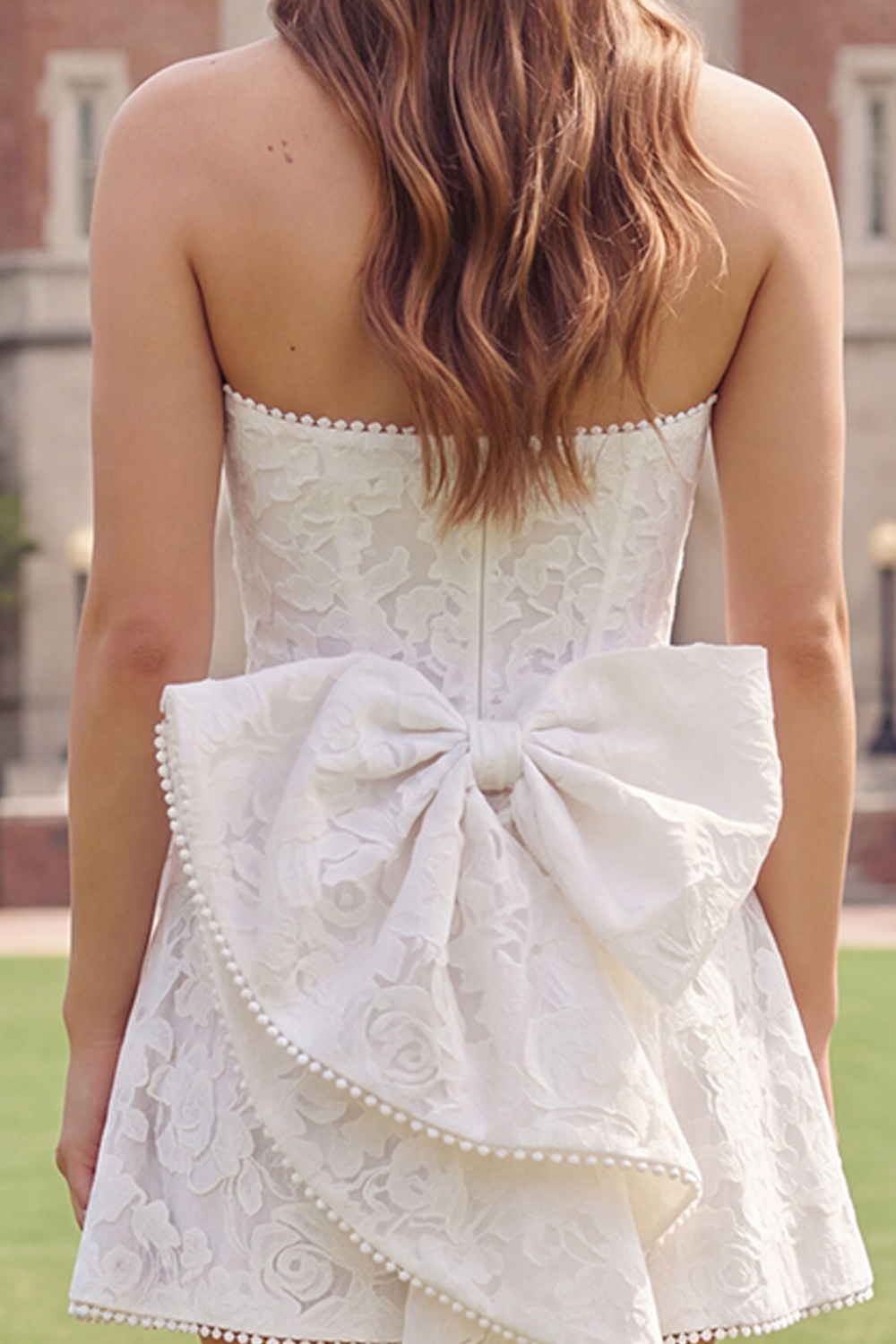 Strapless A Line Short Ivory Floral Graduation Dress with Pearls