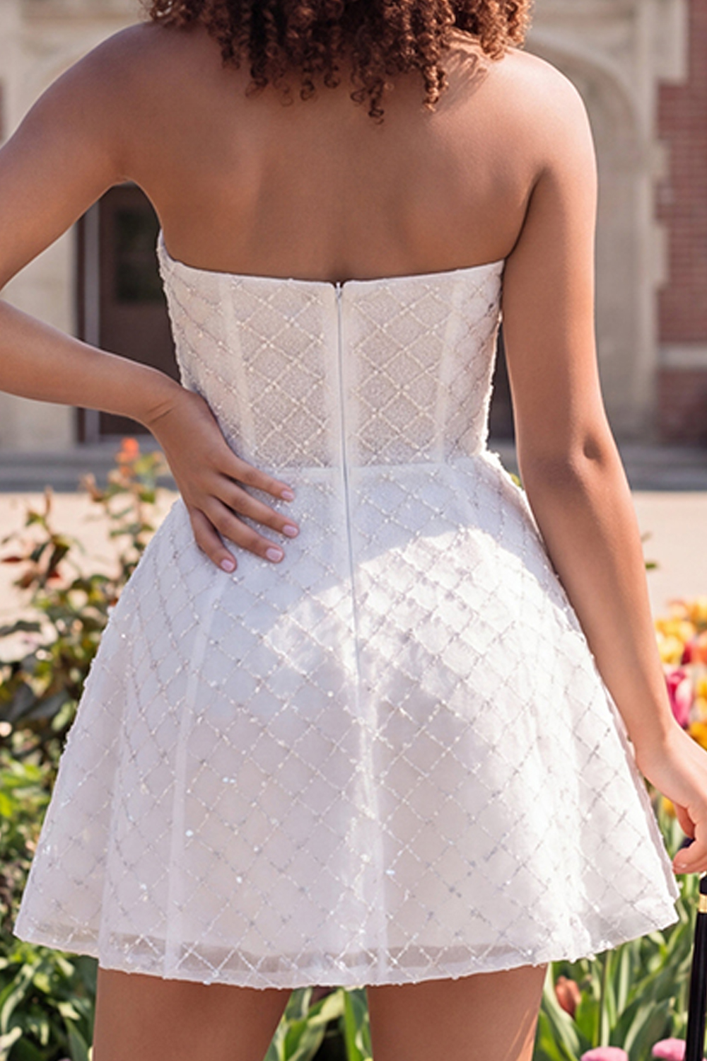 Sparkly Ivory Beaded A Line Short Strapless Graduation Dress