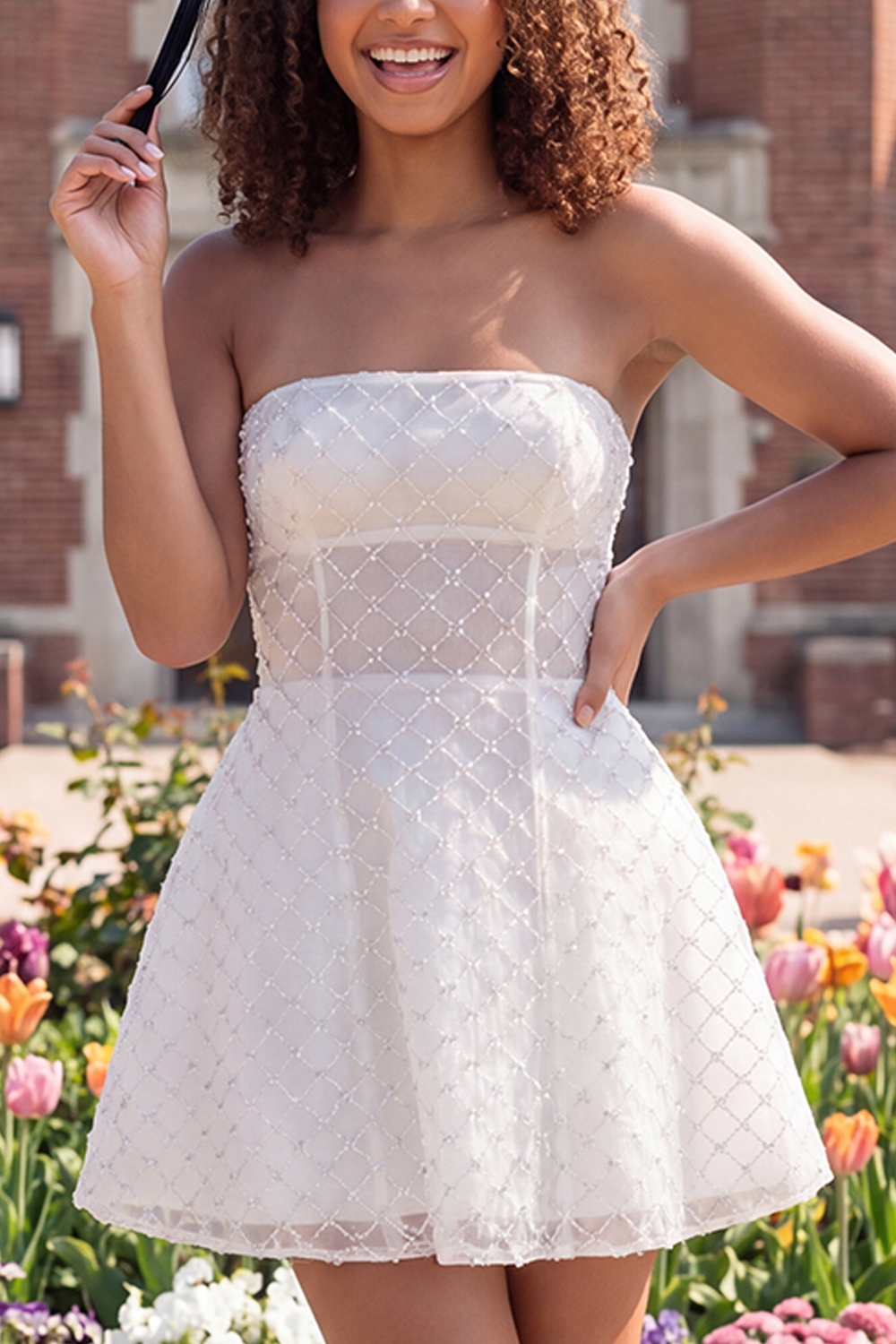 Sparkly Ivory Beaded A Line Short Strapless Graduation Dress