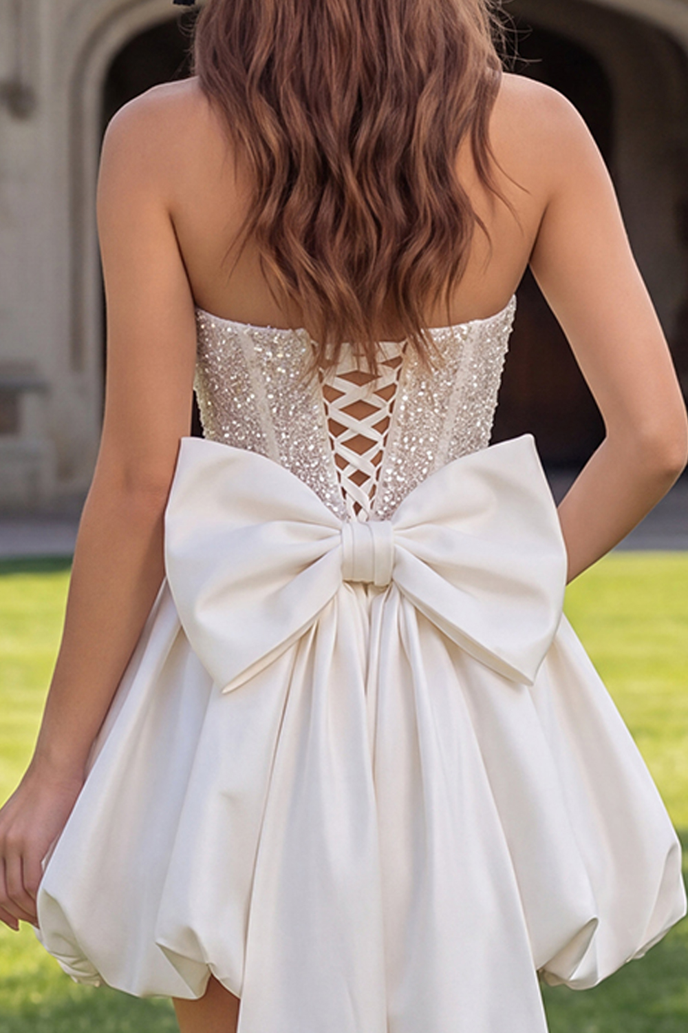 Sparkly Ivory Corset Strapless Beaded A Line Short Graduation Dress with Bow