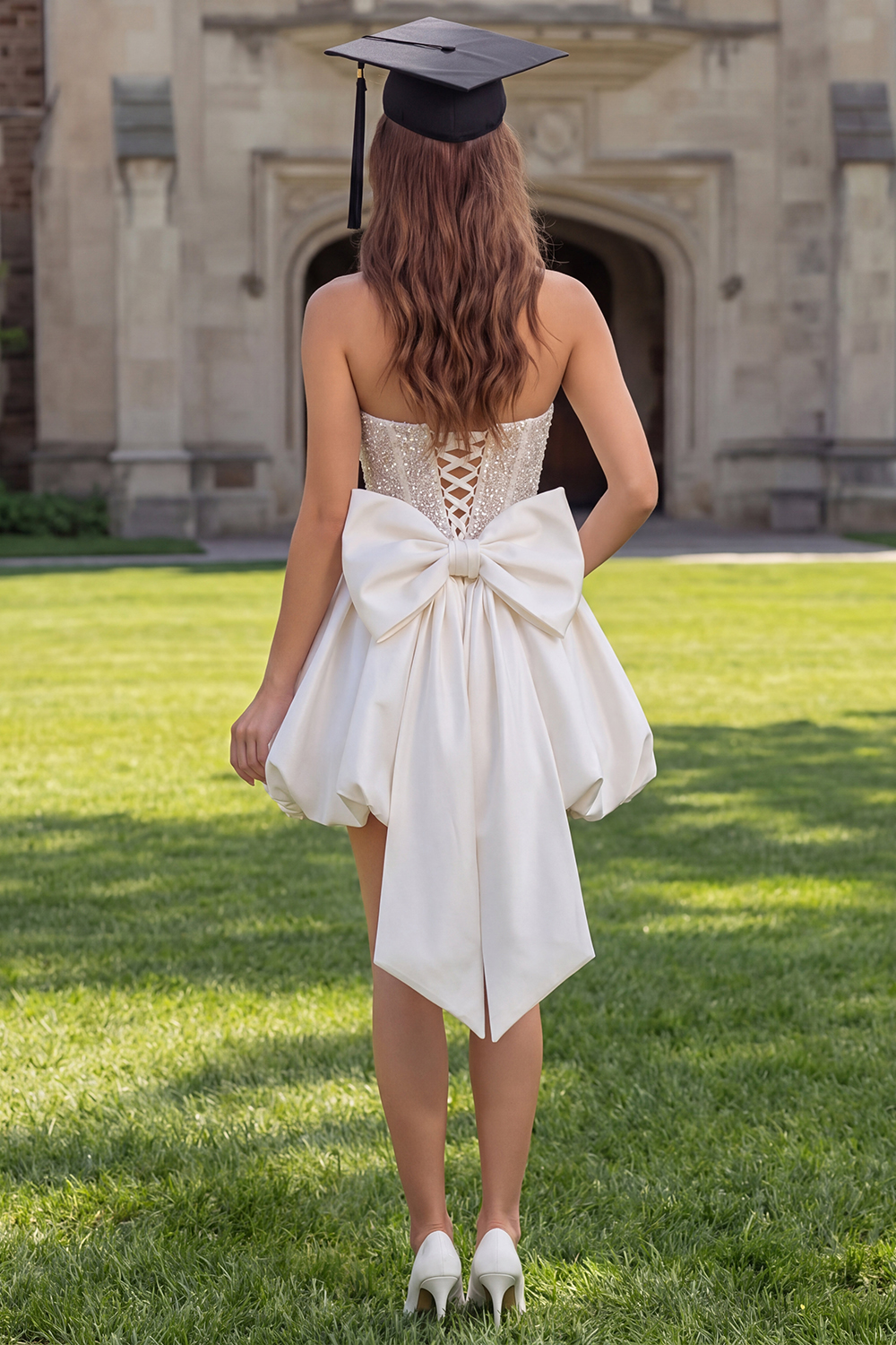 Sparkly Ivory Corset Strapless Beaded A Line Short Graduation Dress with Bow