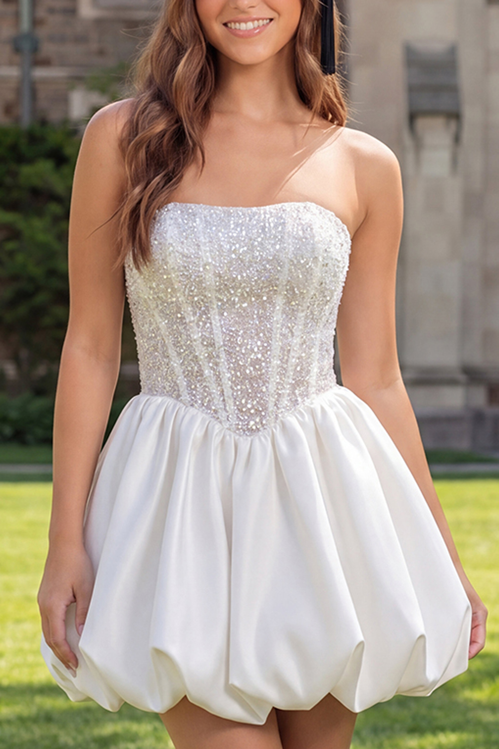 Sparkly Ivory Corset Strapless Beaded A Line Short Graduation Dress with Bow