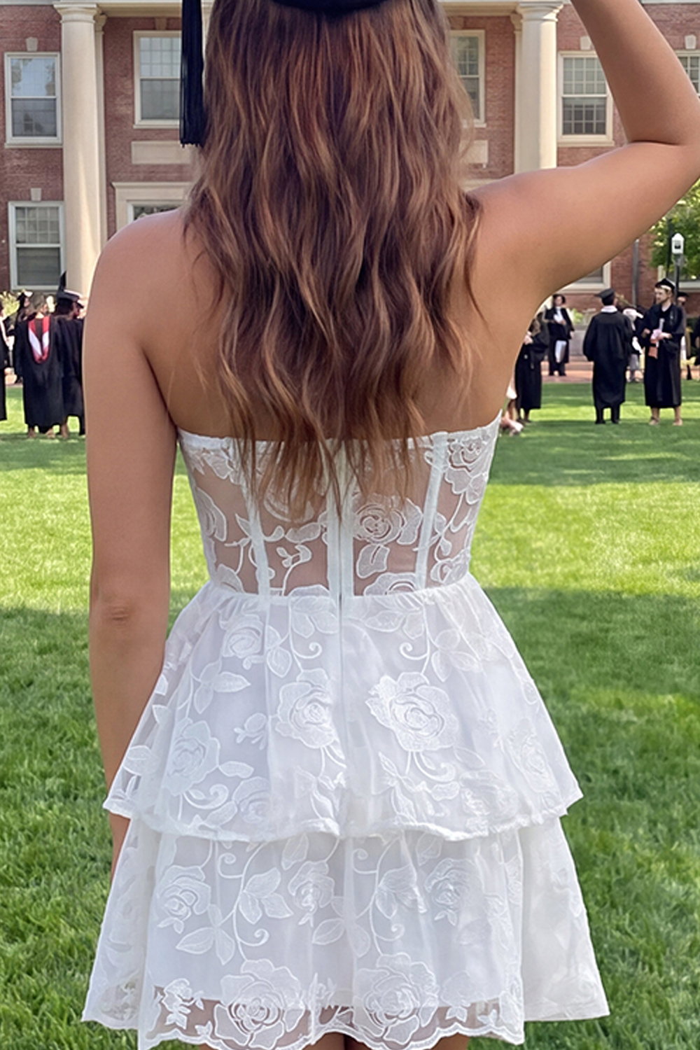Ivory Strapless Tiered A Line Floral Lace Short Graduation Dress