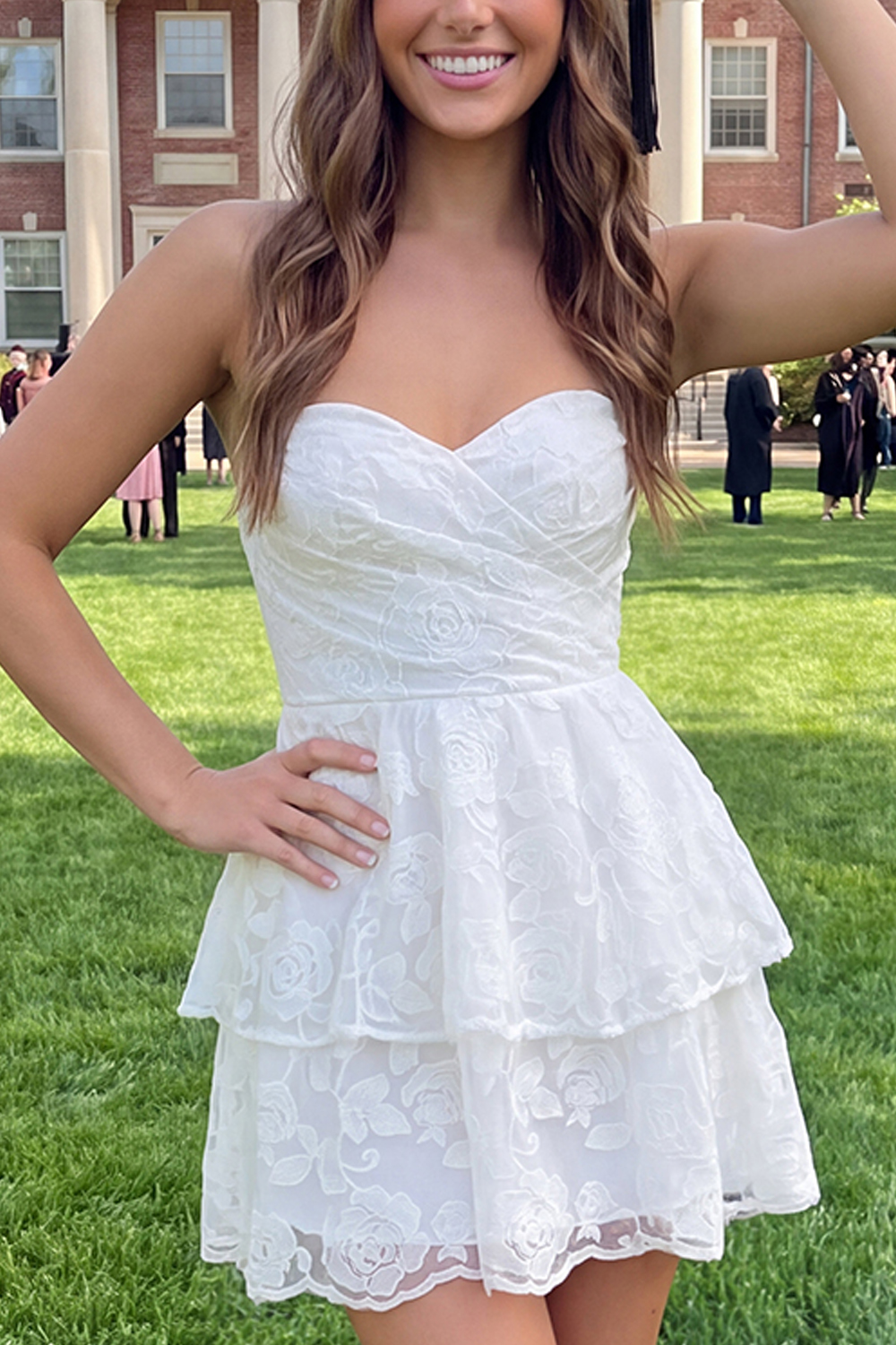 Ivory Strapless Tiered A Line Floral Lace Short Graduation Dress