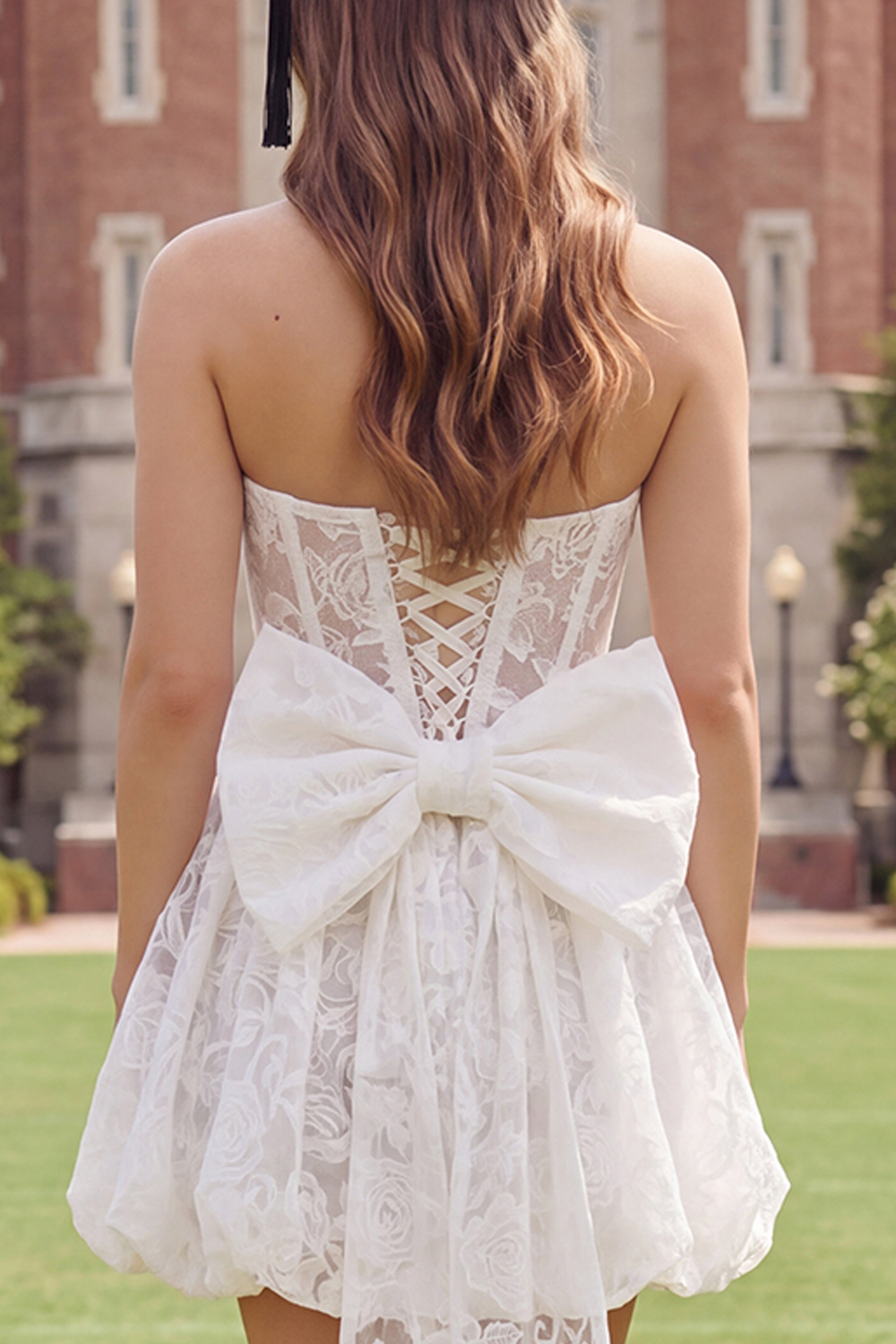 Ivory Strapless Corset A Line Floral Short Lace Graduation Dress with Bow
