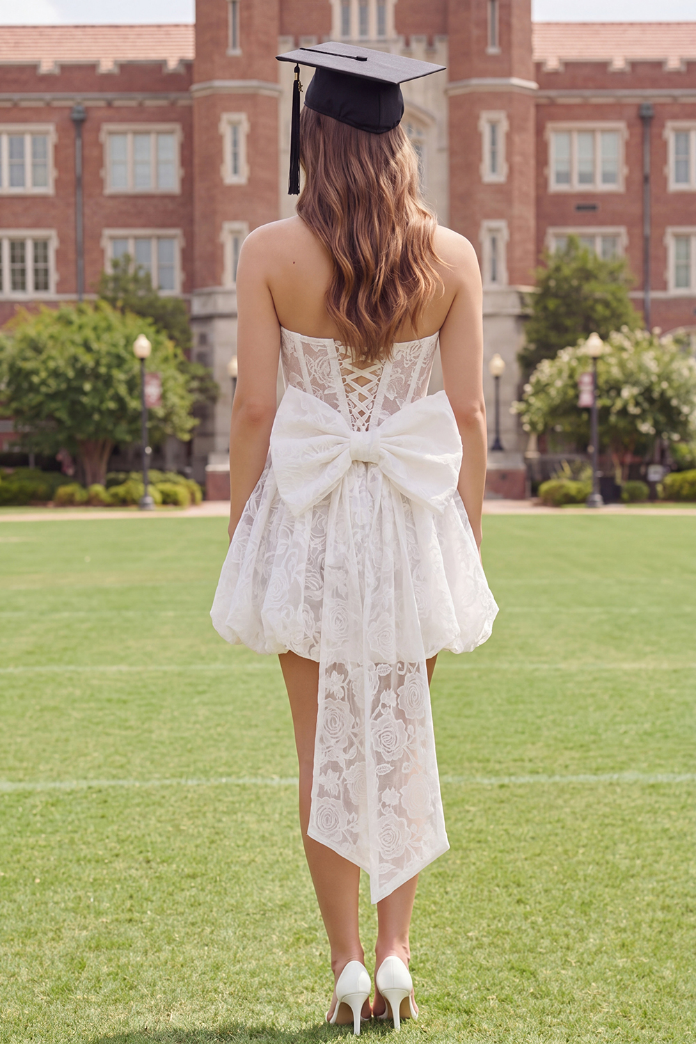 Ivory Strapless Corset A Line Floral Short Lace Graduation Dress with Bow