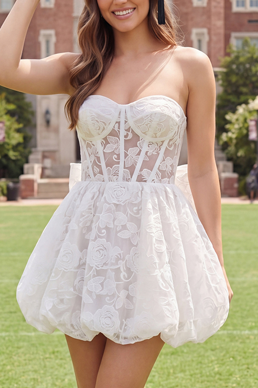 Ivory Strapless Corset A Line Floral Short Lace Graduation Dress with Bow