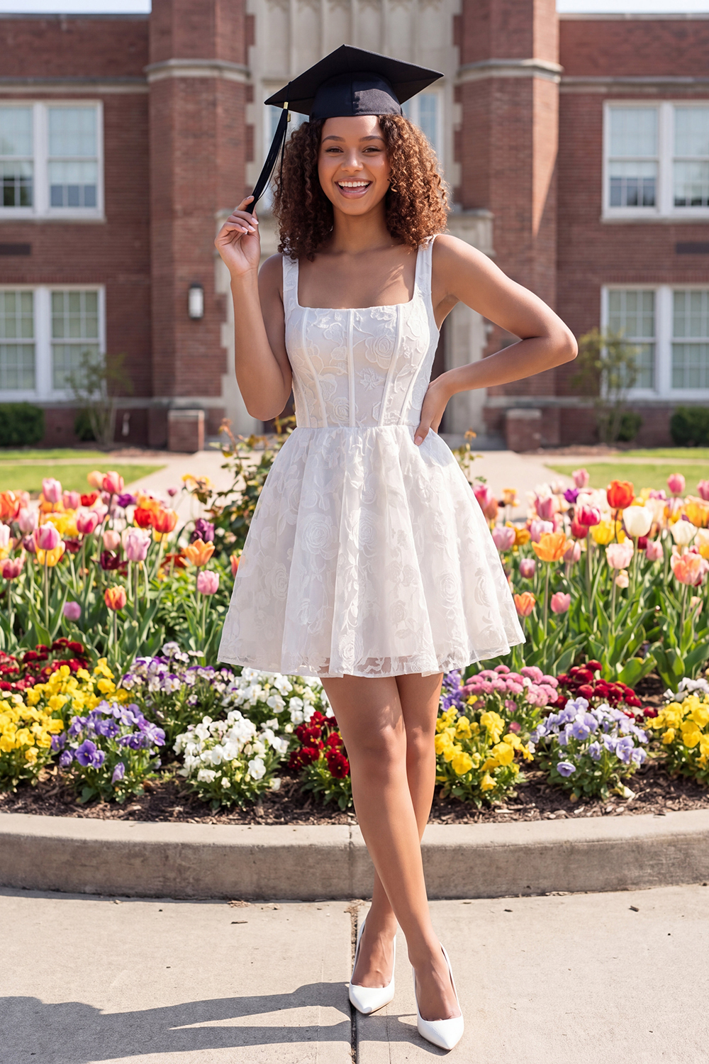 Thick Straps Floral Corset A Line Short Ivory Lace Graduation Dress