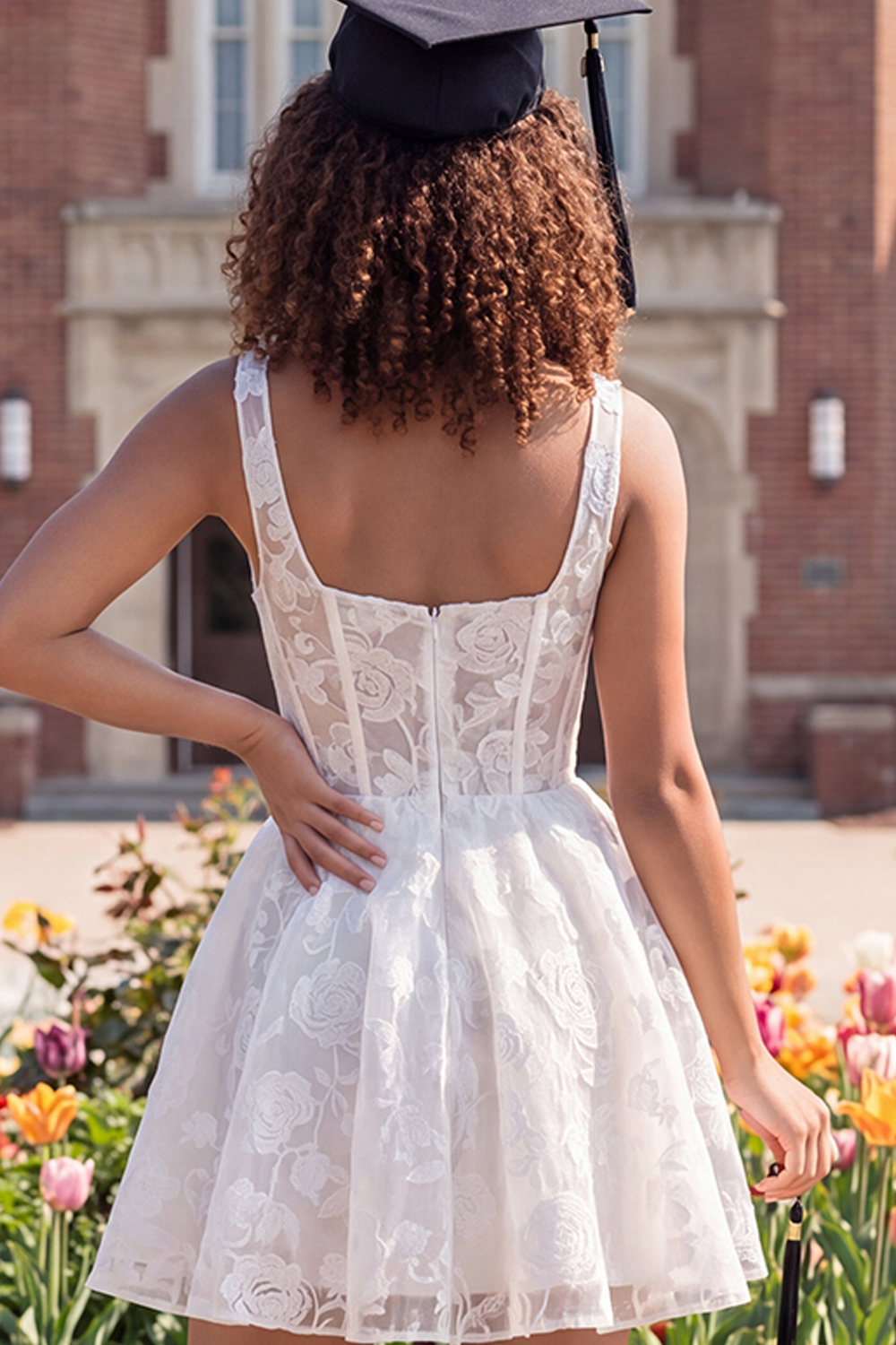 Thick Straps Floral Corset A Line Short Ivory Lace Graduation Dress