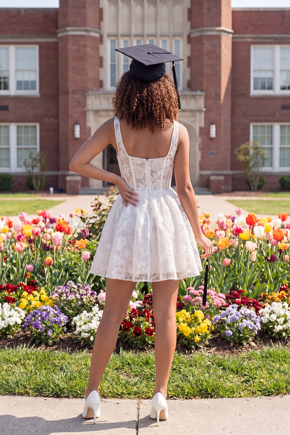 Thick Straps Floral Corset A Line Short Ivory Lace Graduation Dress