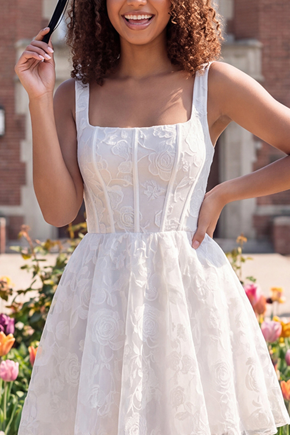 Thick Straps Floral Corset A Line Short Ivory Lace Graduation Dress