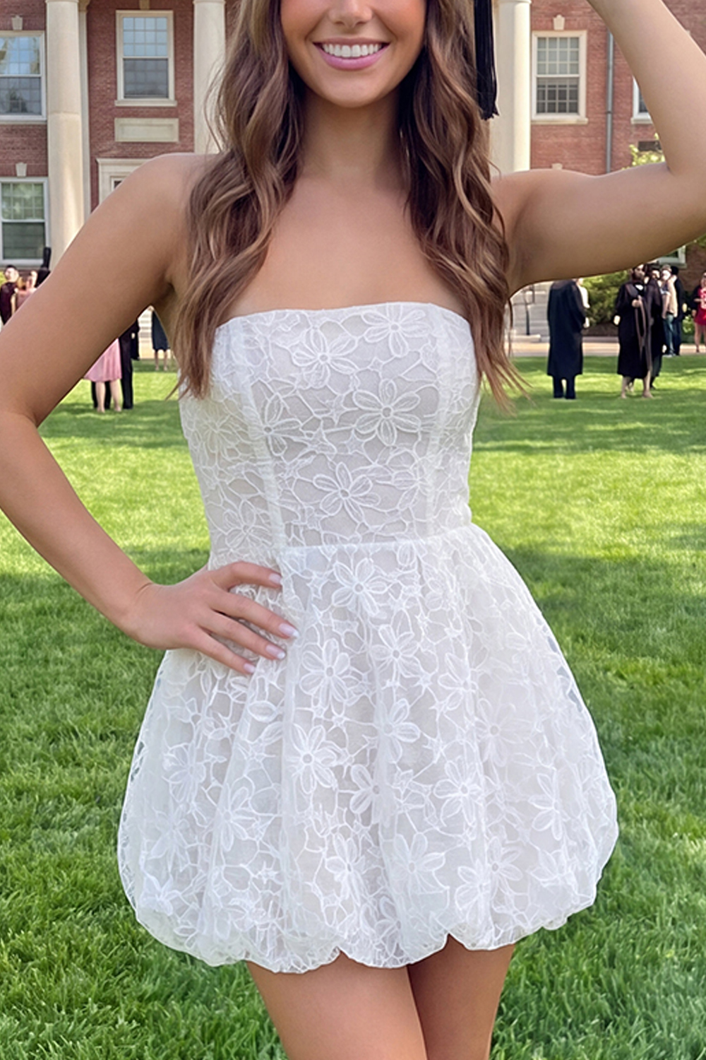 Floral Short Strapless A Line Lace Ivory Wedding Dress