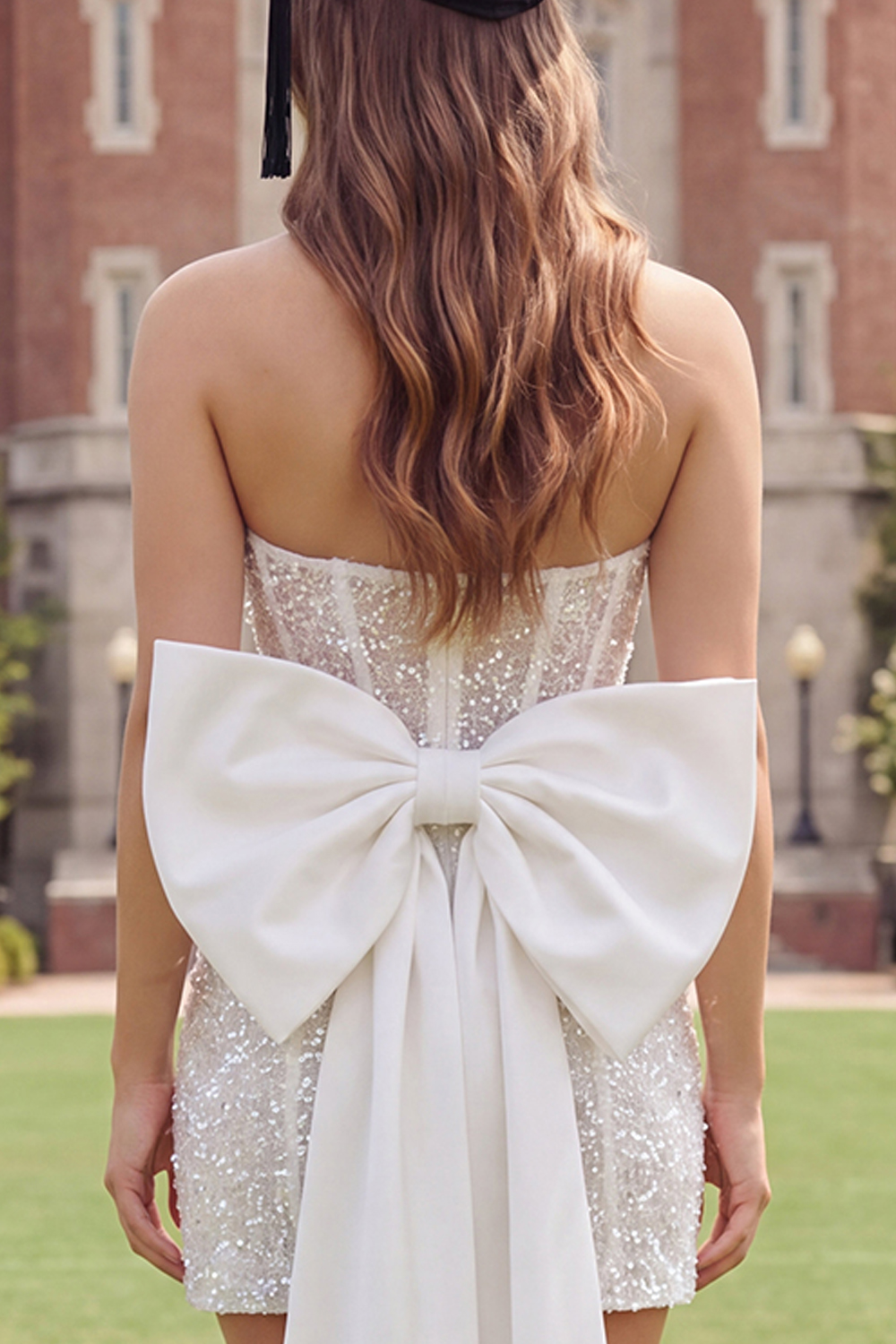 Sparkly Ivory Beaded Tight Short Strapless Corset Graduation Dress with Bow