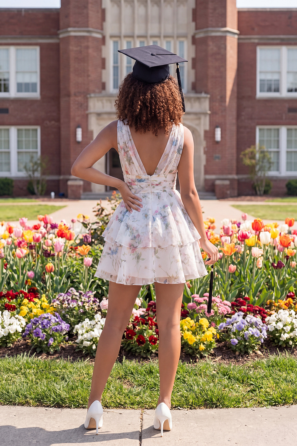 Ivory Floral V-Neck Ruched A Line Short Graduation Dress