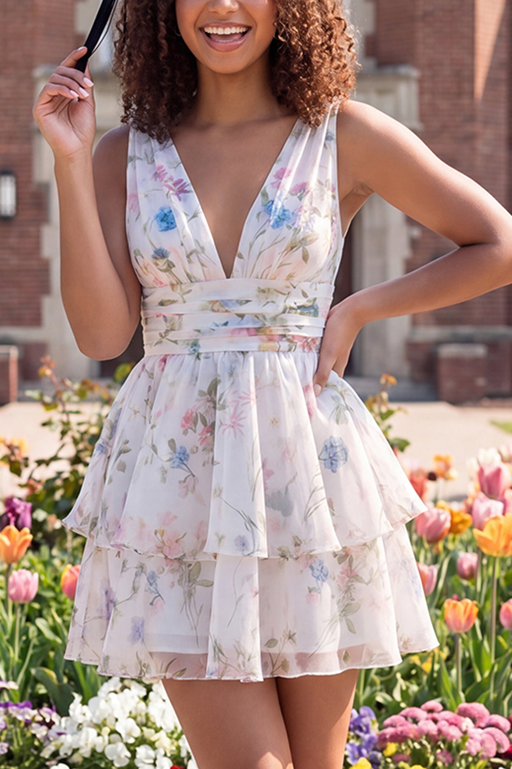 Ivory Floral V-Neck Ruched A Line Short Graduation Dress