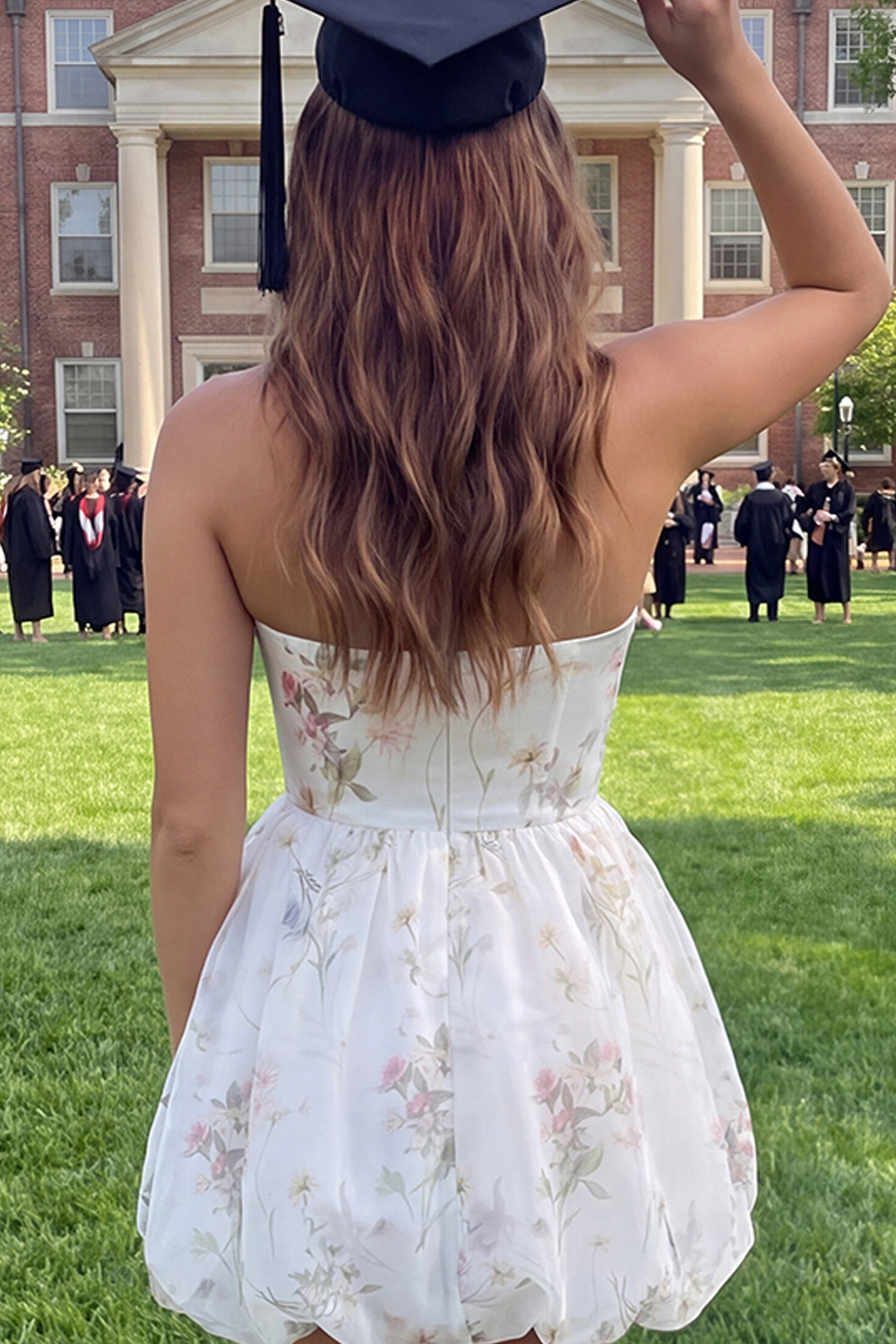 Ivory Strapless Floral A Line Short Graduation Dress
