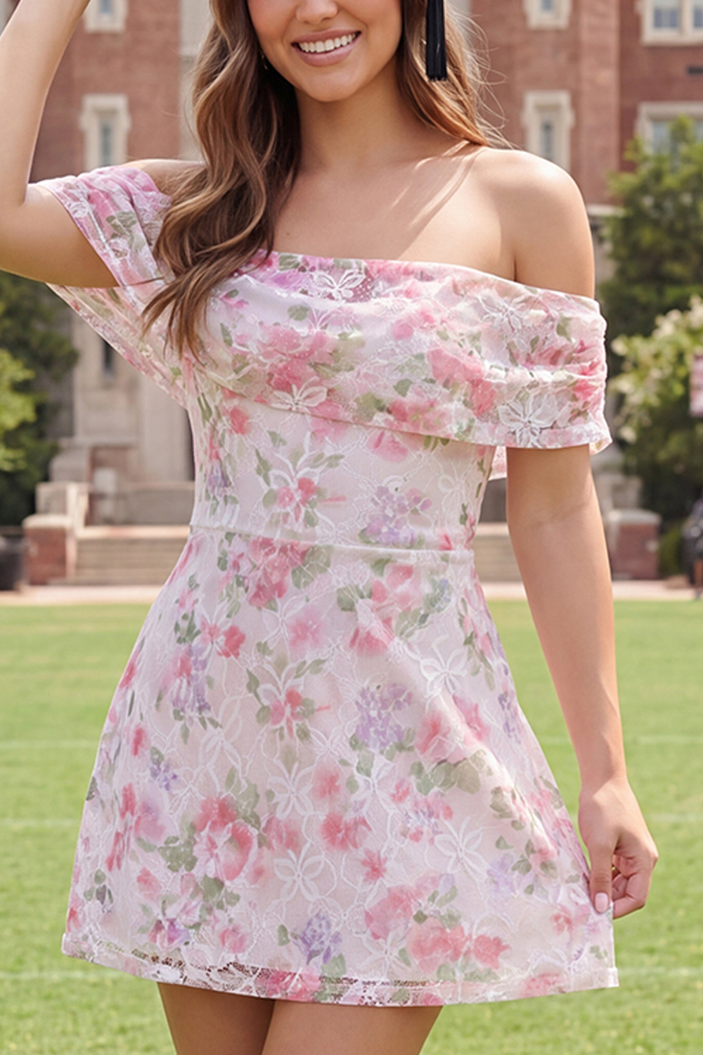 Off the Shoulder Lace Floral Short Light Pink Graduation Dress