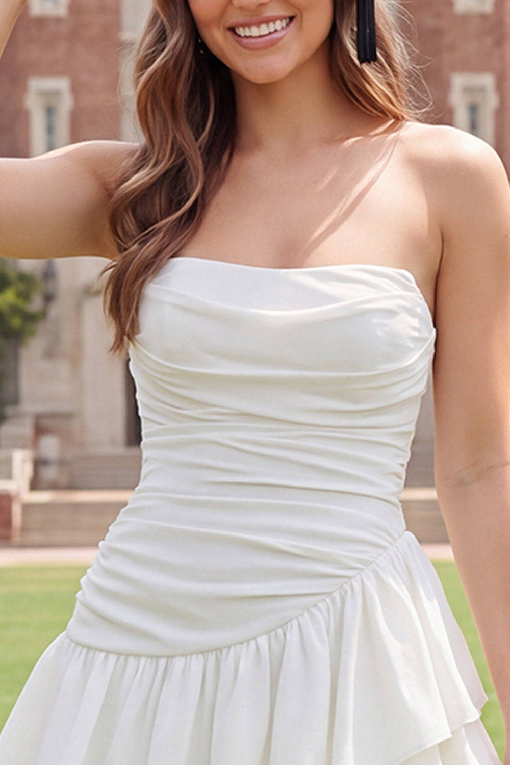 Ivory Ruched Strapless A Line Short Graduation Dress with Ruffles