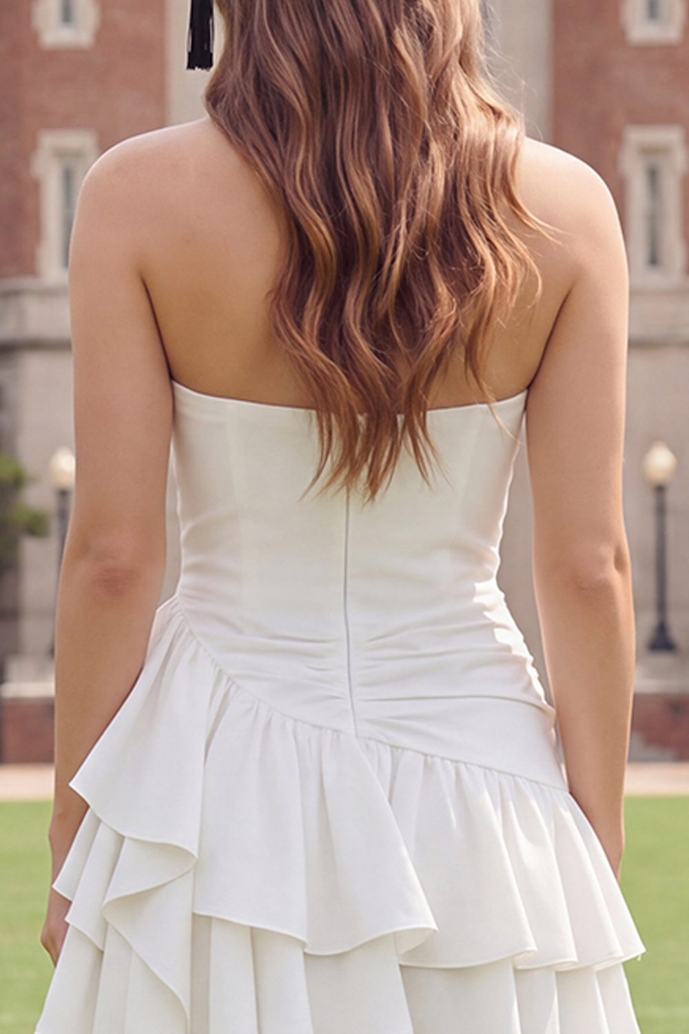 Ivory Ruched Strapless A Line Short Graduation Dress with Ruffles
