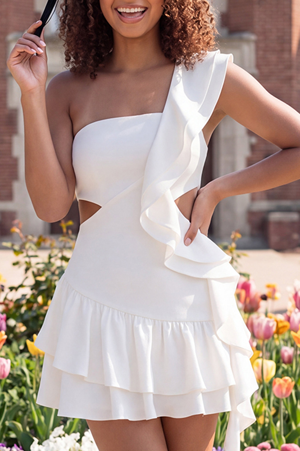 Ivory Cut Out One Shoulder A Line Short Graduation Dress with Ruffles