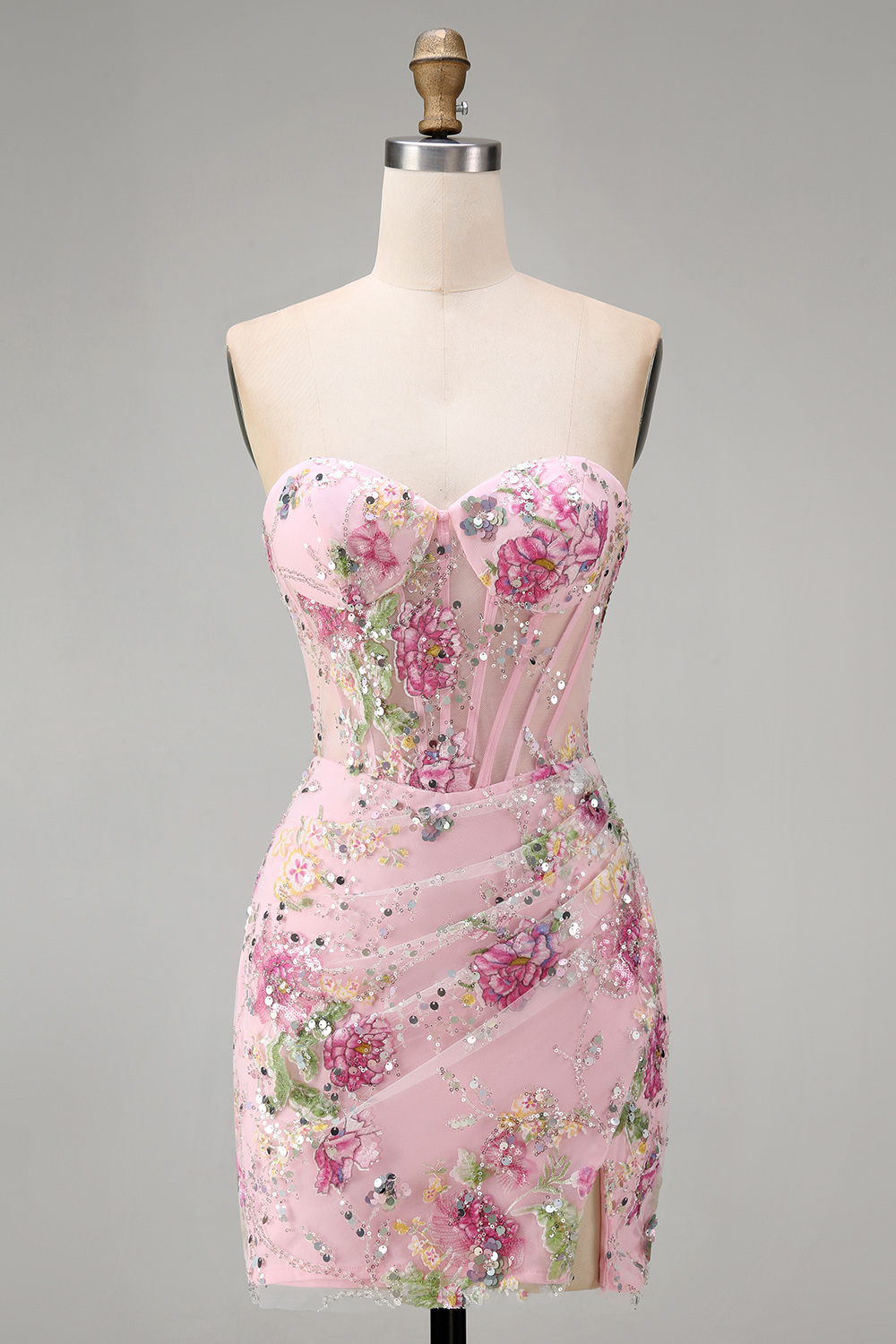 Sparkly Pink Ruched Floral Corset Tight Short Beaded Homecoming Dress with Slit