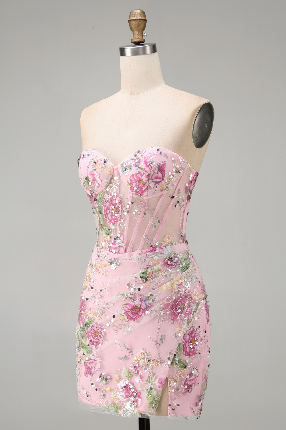Sparkly Pink Ruched Floral Corset Tight Short Beaded Homecoming Dress with Slit