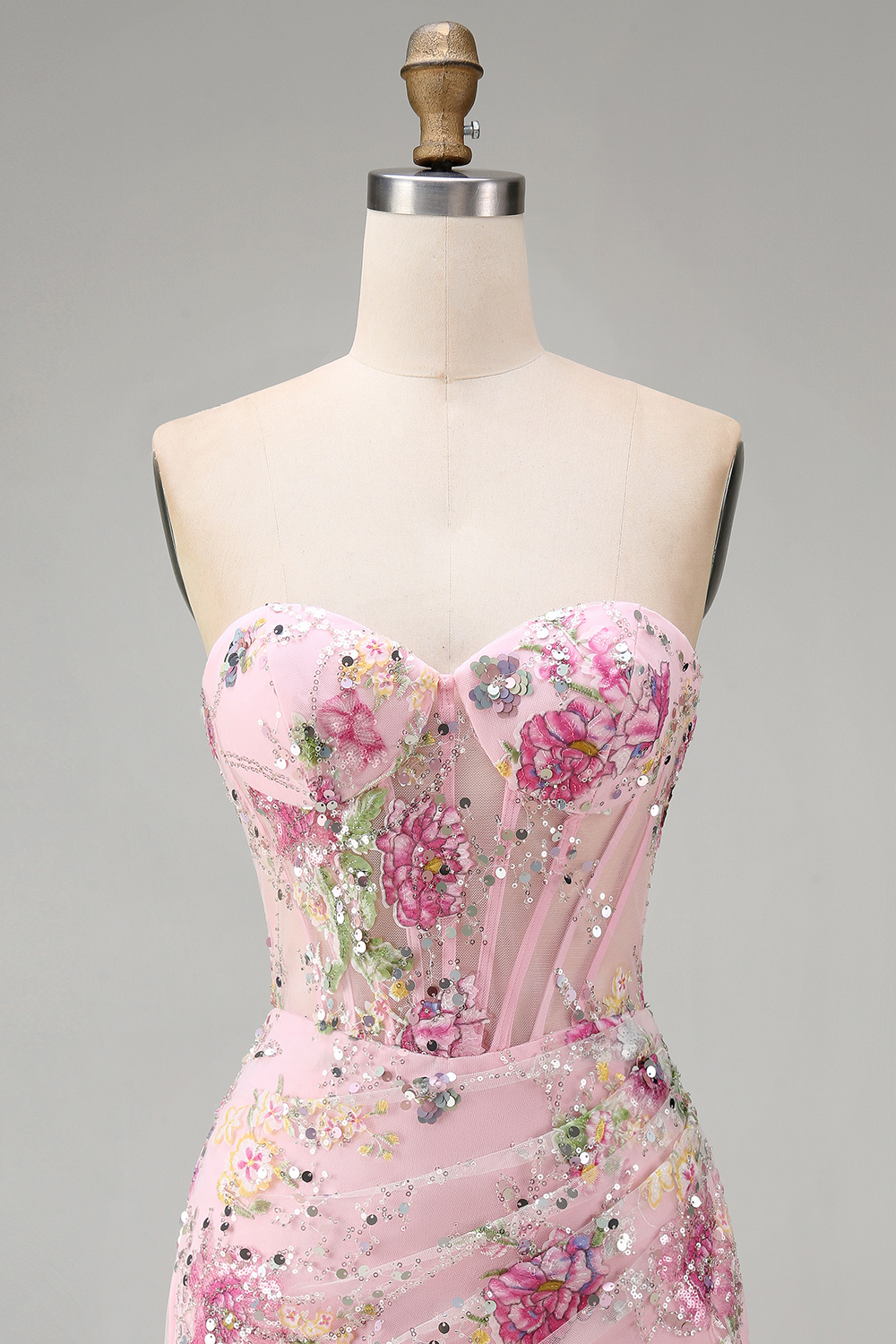 Sparkly Pink Ruched Floral Corset Tight Short Beaded Homecoming Dress with Slit