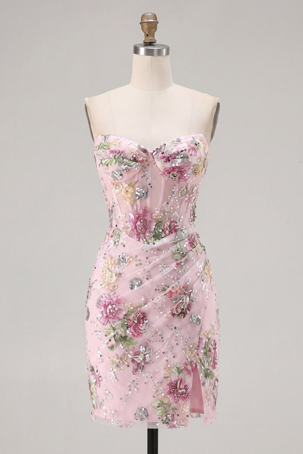 Sparkly Pink Ruched Floral Corset Tight Short Beaded Homecoming Dress with Slit