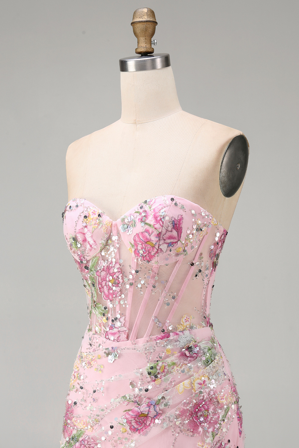 Sparkly Pink Ruched Floral Corset Tight Short Beaded Homecoming Dress with Slit