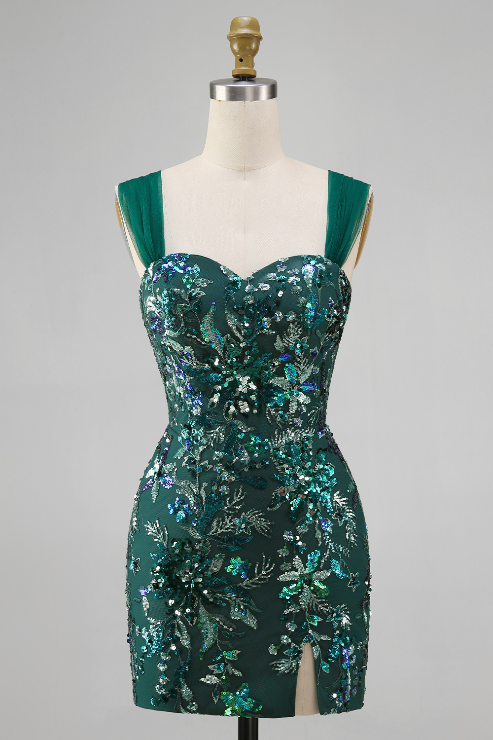 Sparkly Dark Green Short Tight Beaded Floral Homecoming Dress with Slit