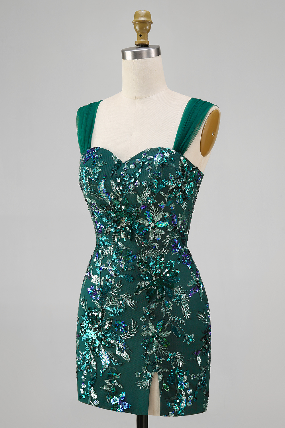 Sparkly Dark Green Short Tight Beaded Floral Homecoming Dress with Slit