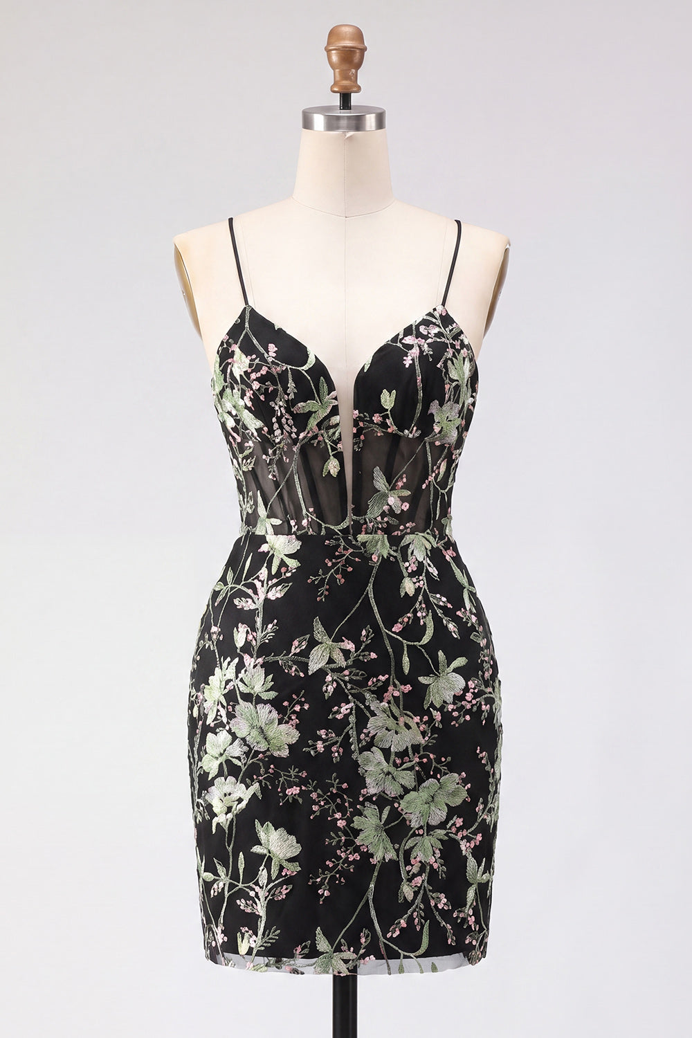 Sparkly Black Floral Corset Tight Short Beaded Spaghetti Straps Homecoming Dress