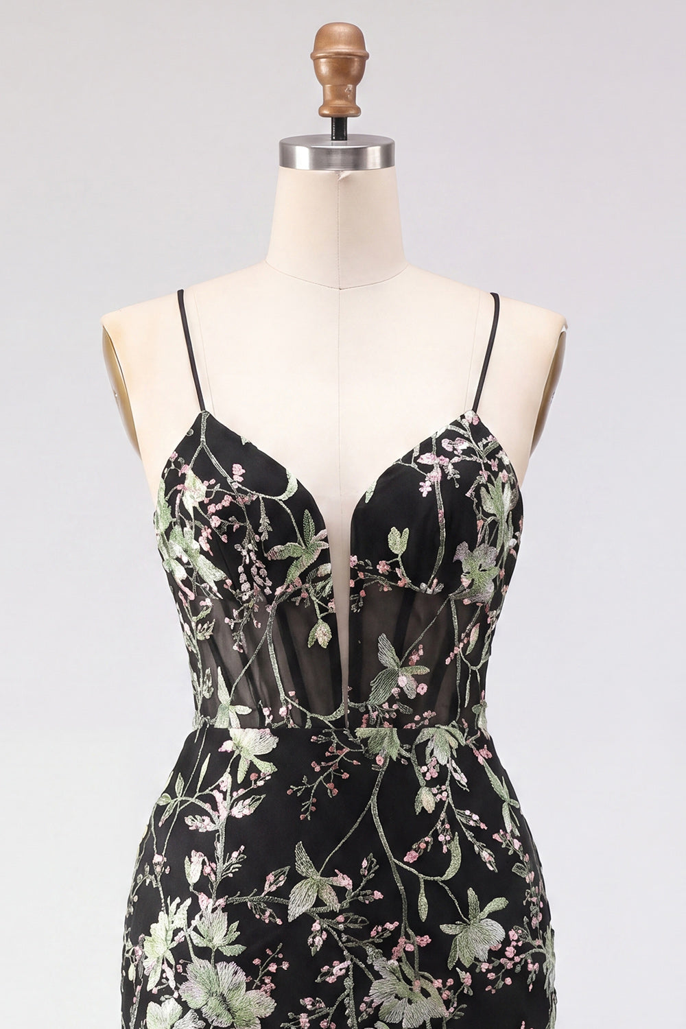 Sparkly Black Floral Corset Tight Short Beaded Spaghetti Straps Homecoming Dress