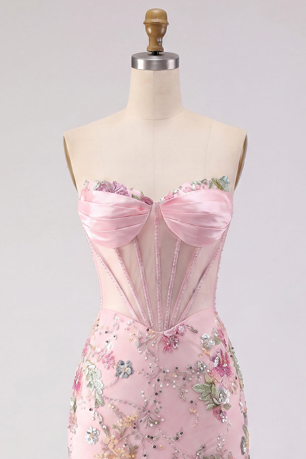Sparkly Strapless Beaded Floral Corset Tight Short Pink Homecoming Dress