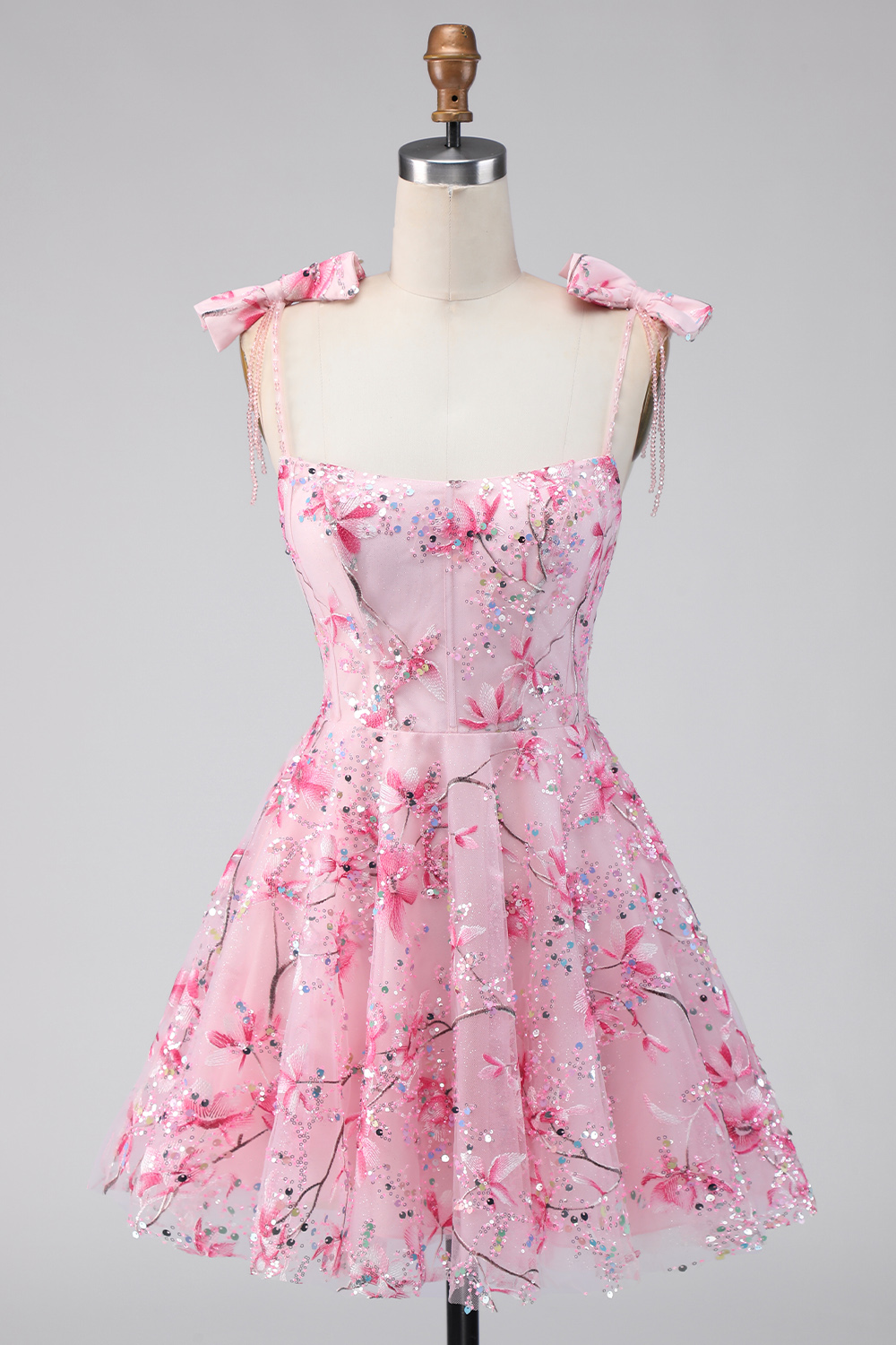 Sparkly Pink A Line Floral Short Beaded Homecoming Dress with Bows