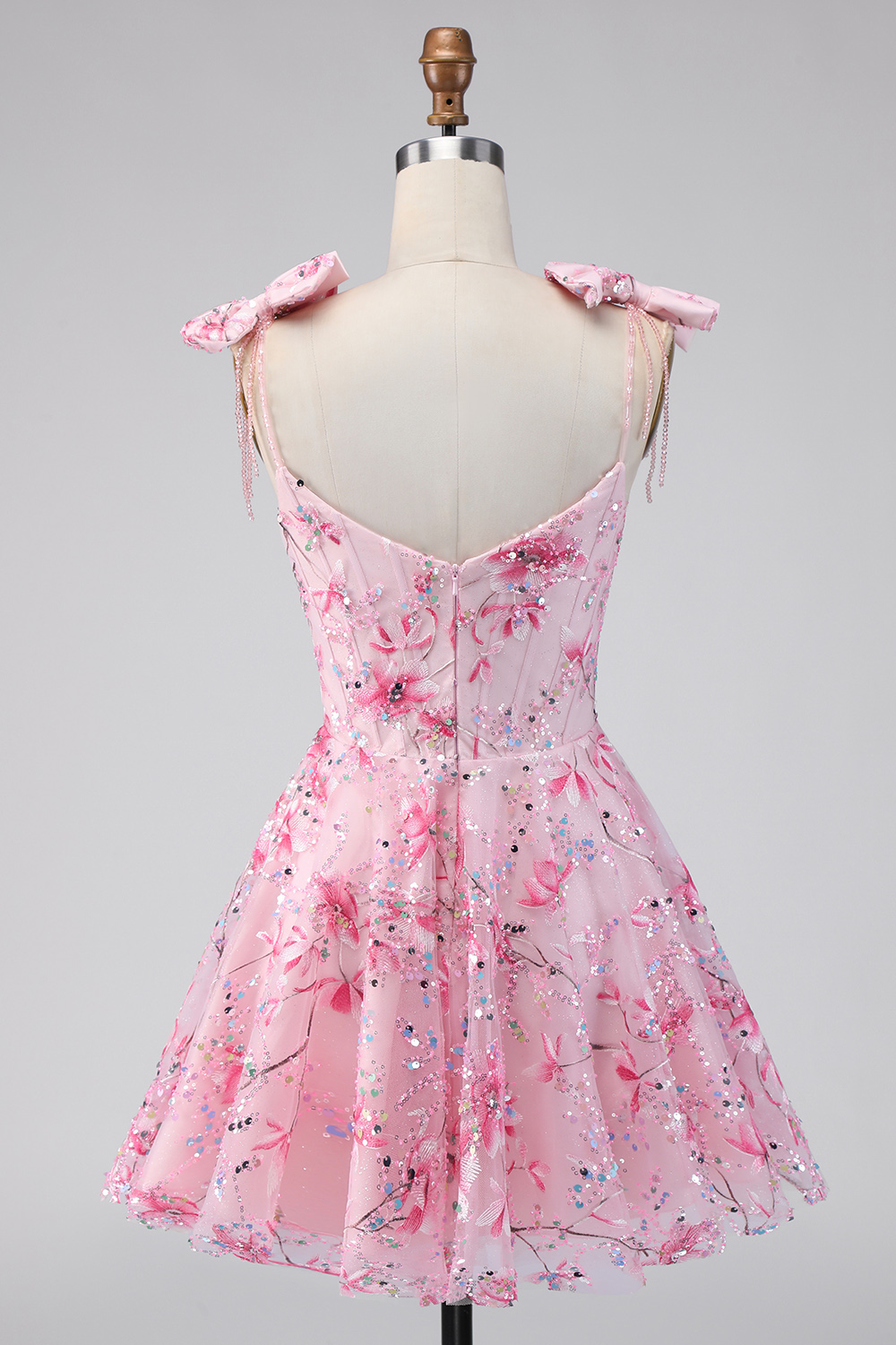 Sparkly Pink A Line Floral Short Beaded Homecoming Dress with Bows
