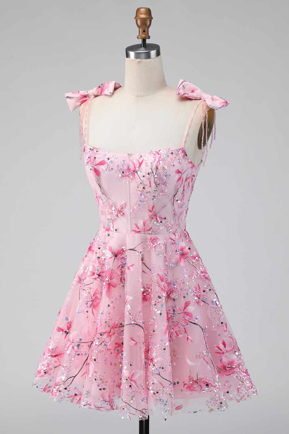 Sparkly Pink A Line Floral Short Beaded Homecoming Dress with Bows