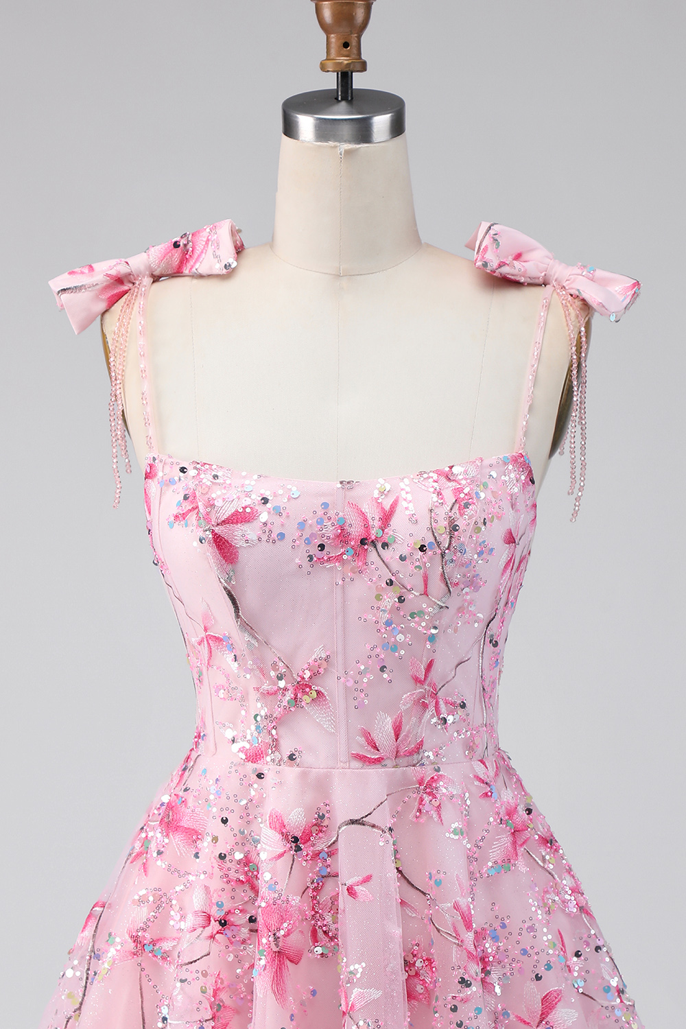 Sparkly Pink A Line Floral Short Beaded Homecoming Dress with Bows