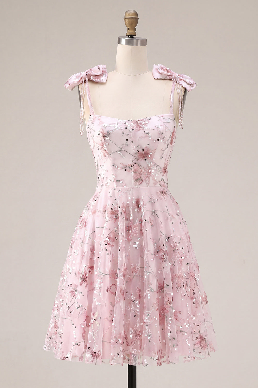 Sparkly Pink A Line Floral Short Beaded Homecoming Dress with Bows