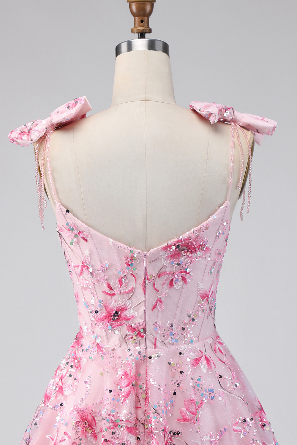 Sparkly Pink A Line Floral Short Beaded Homecoming Dress with Bows